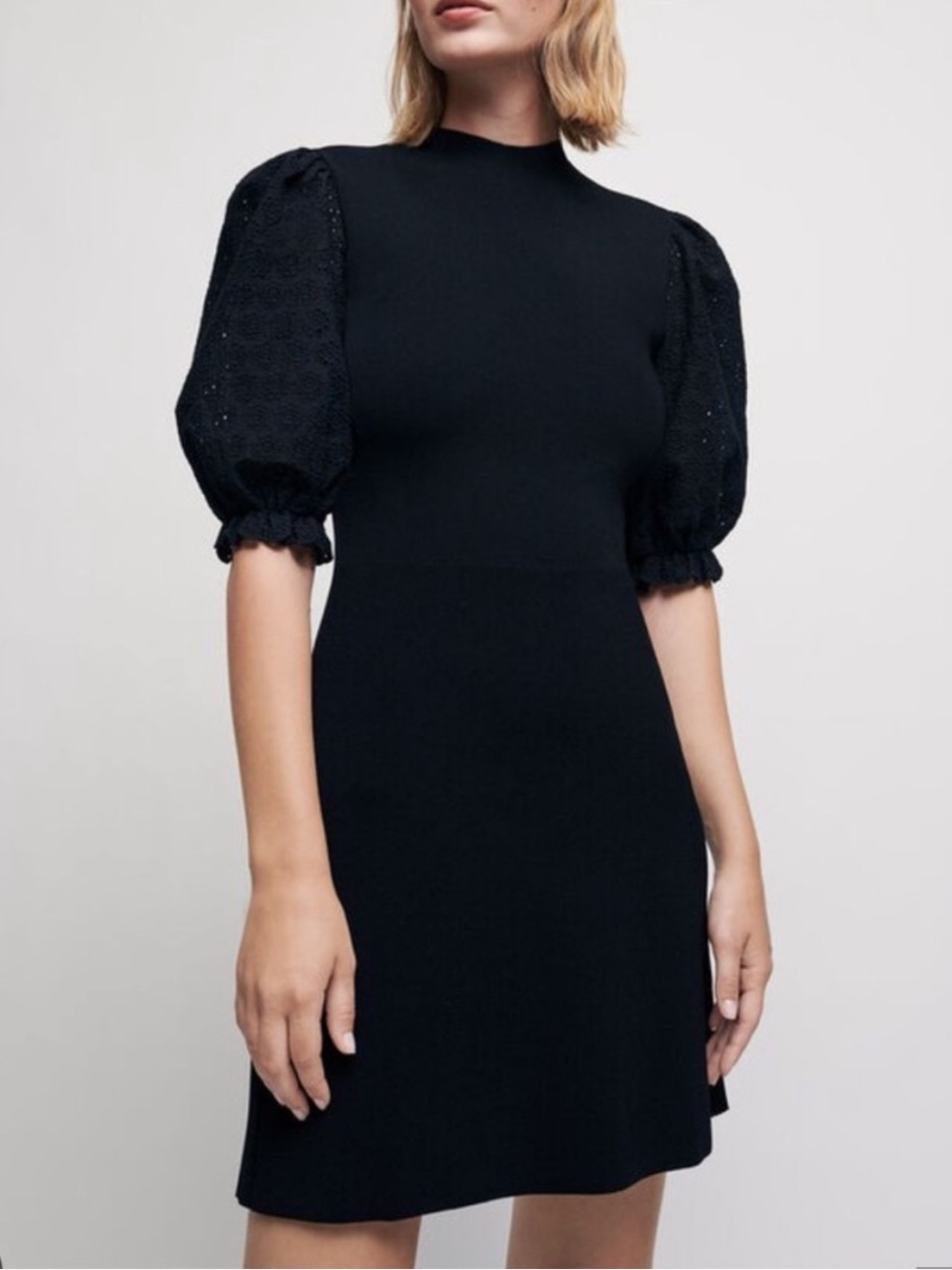 NWT Maje Knit Mini Dress with Eyelet Puff Sleeves! Size US 6